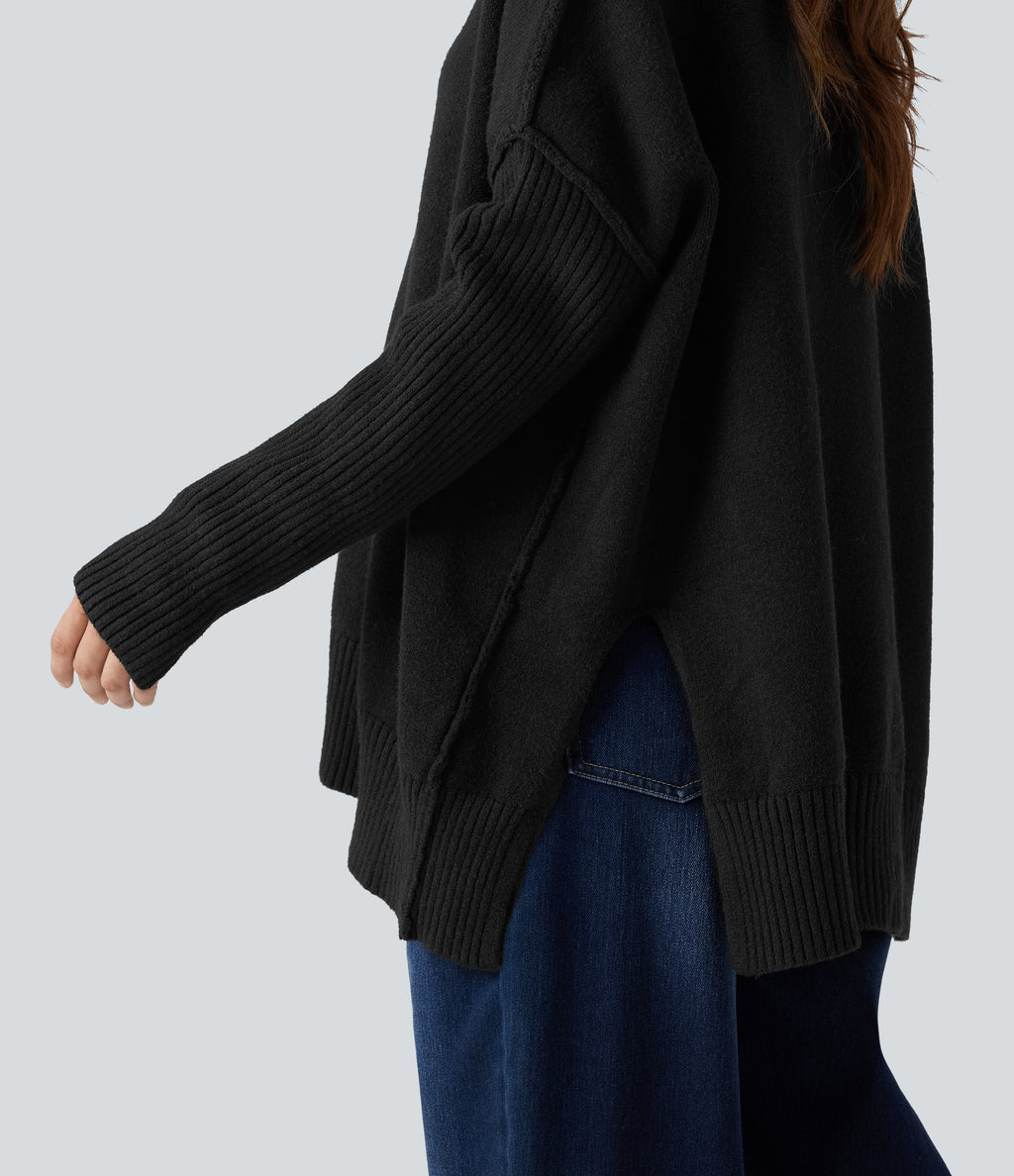 V-neck Reglan Long Sleeve Relaxed Fit Casual Jumper — Black — view 5