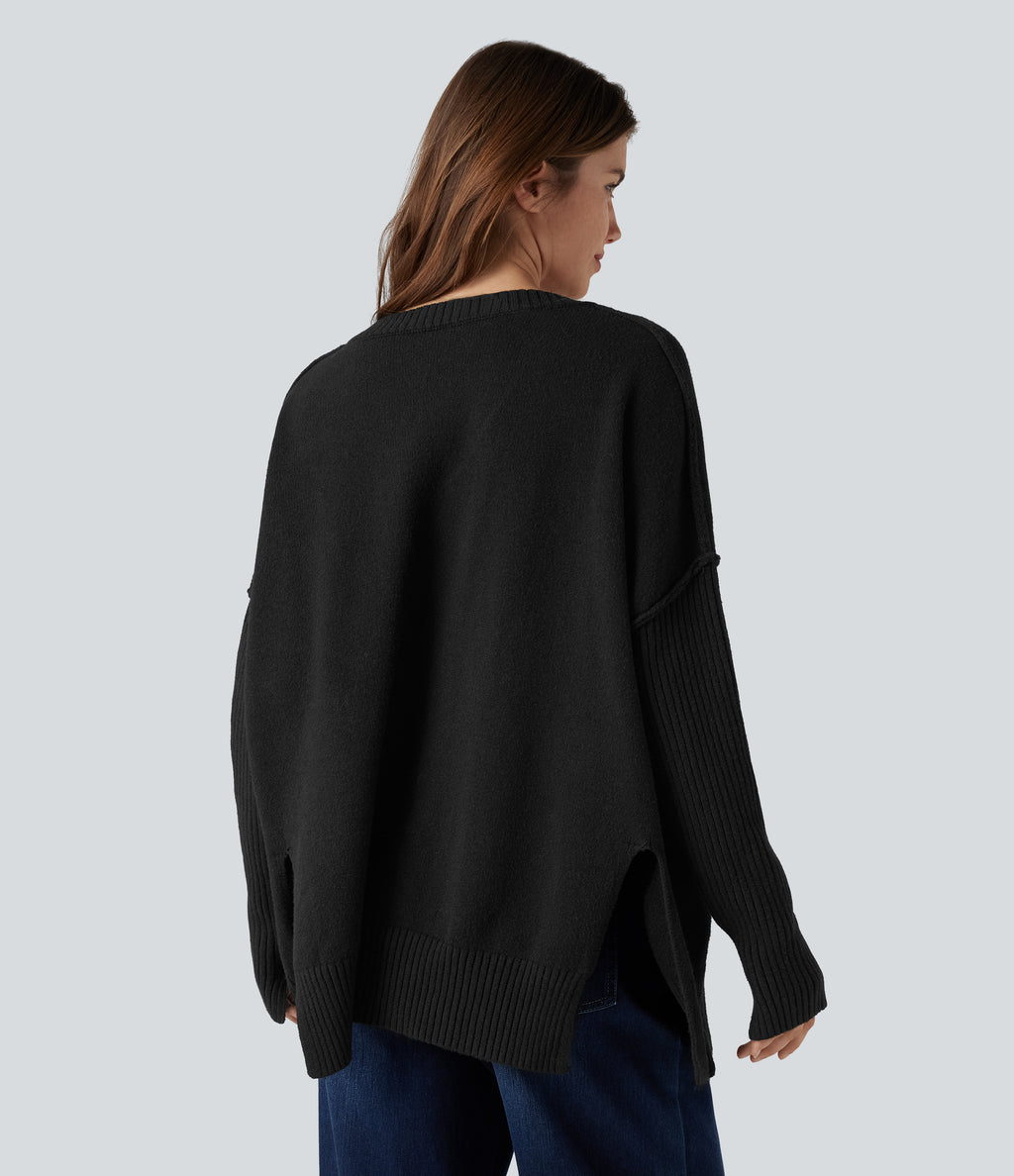 V-neck Reglan Long Sleeve Relaxed Fit Casual Jumper — Black — view 2