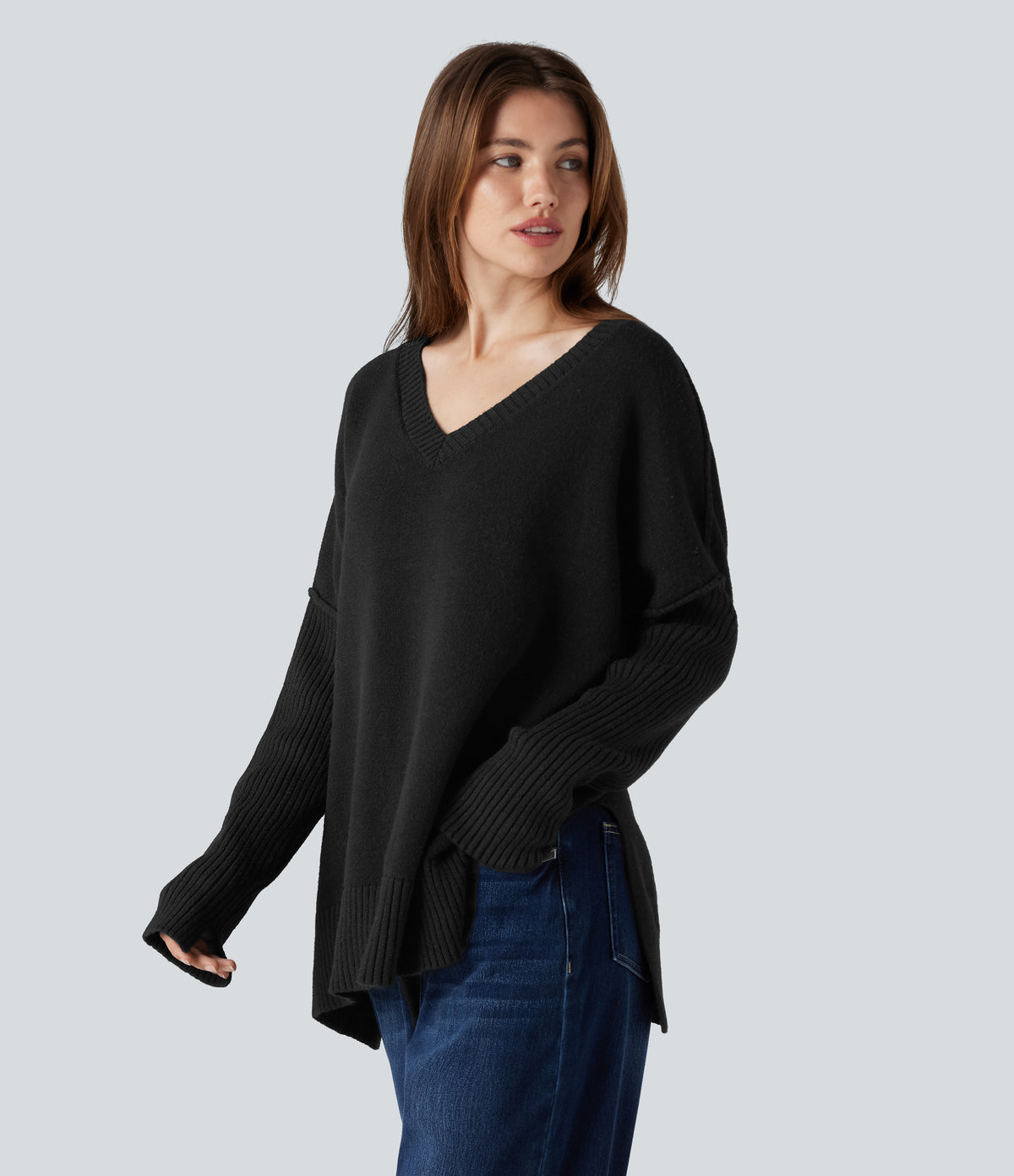 V-neck Reglan Long Sleeve Relaxed Fit Casual Jumper — Black — view 1