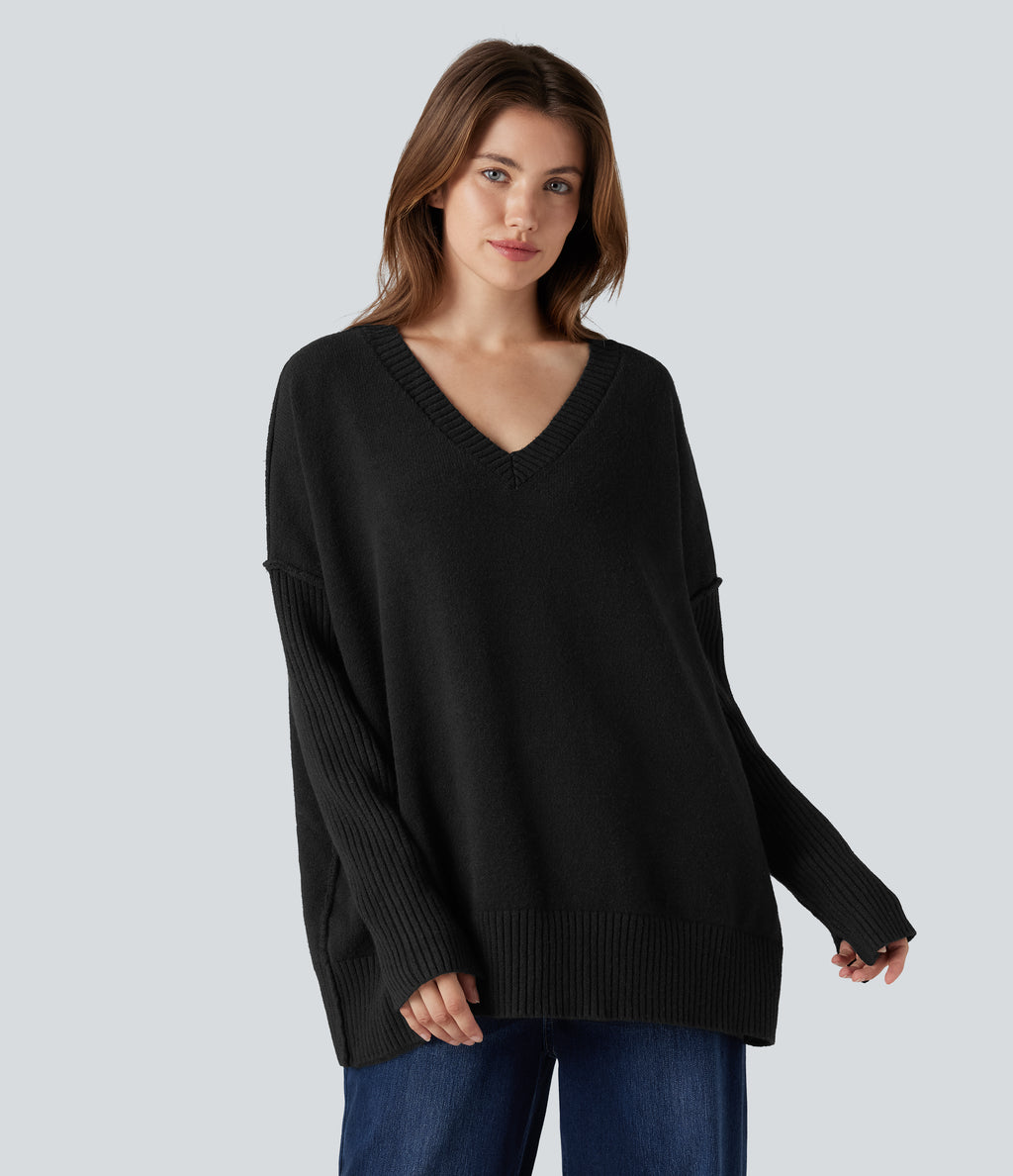 V-neck Reglan Long Sleeve Relaxed Fit Casual Jumper — Black — view 3