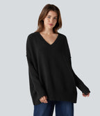 V-neck Reglan Long Sleeve Relaxed Fit Casual Jumper — Black — view 3