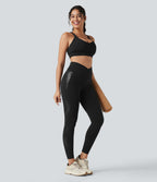 Crossover High Waisted Yoga 7/8 Leggings with Pocket — Black — view 7