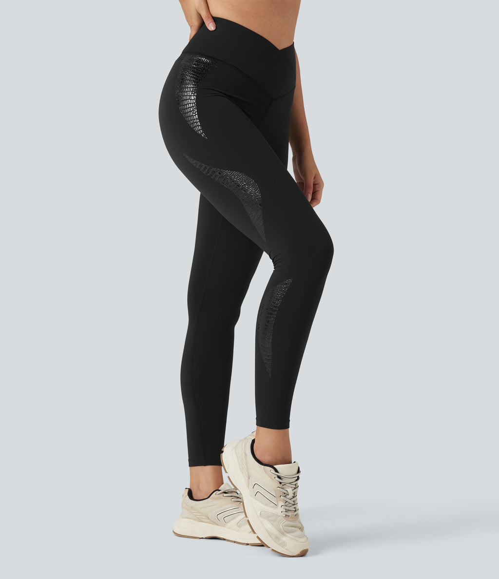 Crossover High Waisted Yoga 7/8 Leggings with Pocket — Black — view 2