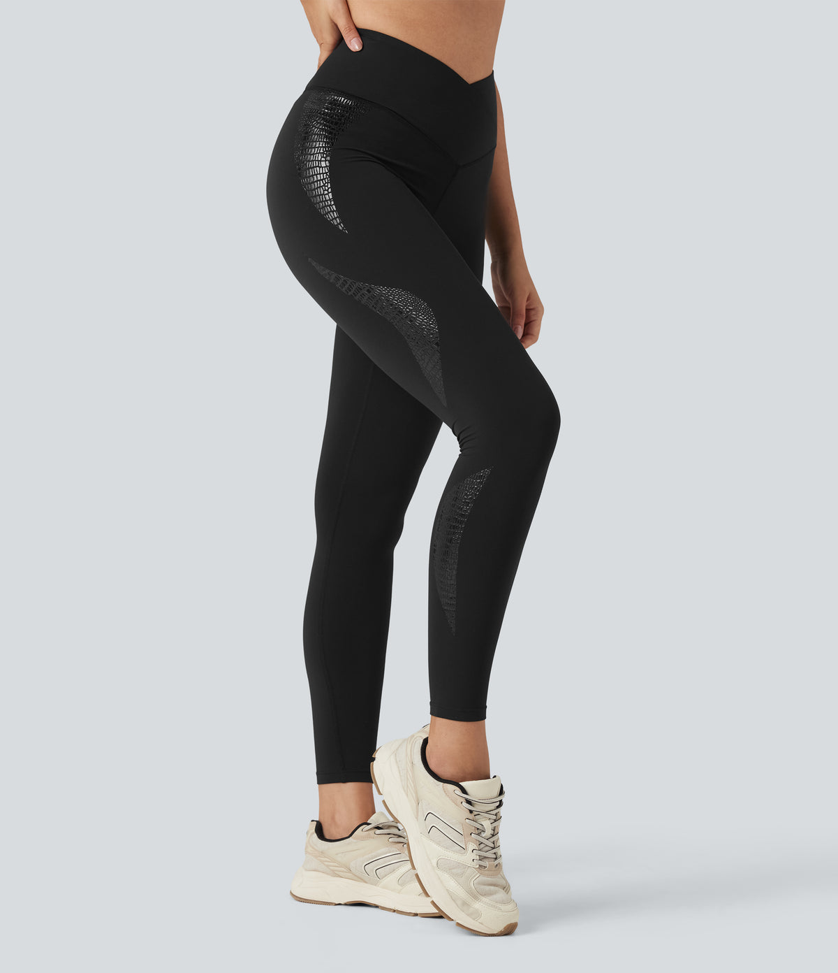 Crossover High Waisted Yoga 7/8 Leggings with Pocket — Black — view 2