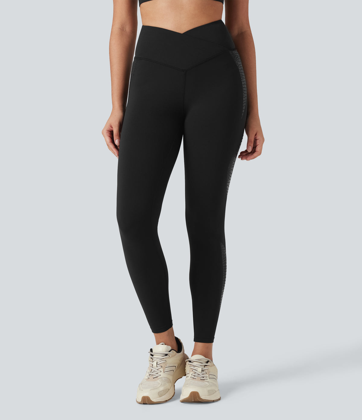 Crossover High Waisted Yoga 7/8 Leggings with Pocket — Black — view 3