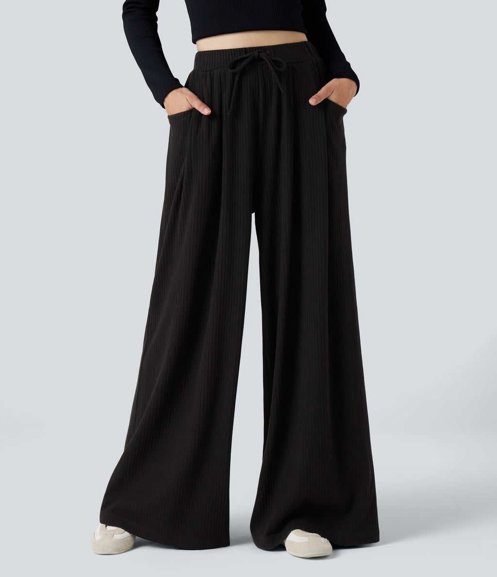 Ribbed Knit Adjustable Waist Drawstring Fleece Casual Baggy Trousers with Pockets — Black — view 1