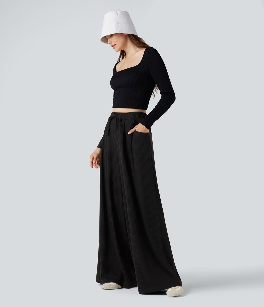 Ribbed Knit Adjustable Waist Drawstring Fleece Casual Baggy Trousers with Pockets — Black — view 6