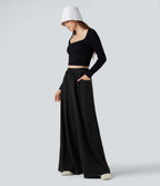 Ribbed Knit Adjustable Waist Drawstring Fleece Casual Baggy Trousers with Pockets — Black — view 6