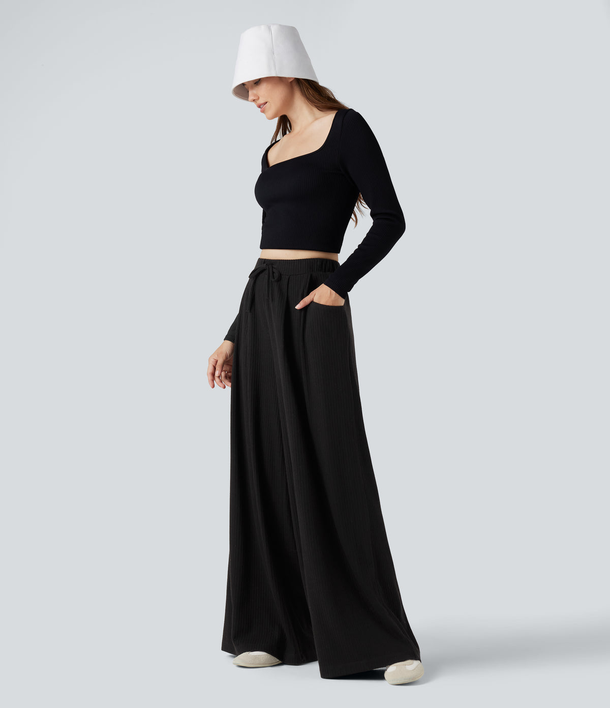 Ribbed Knit Adjustable Waist Drawstring Fleece Casual Baggy Trousers with Pockets — Black — view 6