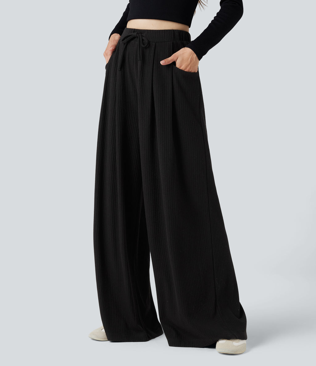 Ribbed Knit Adjustable Waist Drawstring Fleece Casual Baggy Trousers with Pockets — Black — view 3