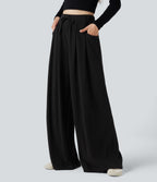 Ribbed Knit Adjustable Waist Drawstring Fleece Casual Baggy Trousers with Pockets — Black — view 3