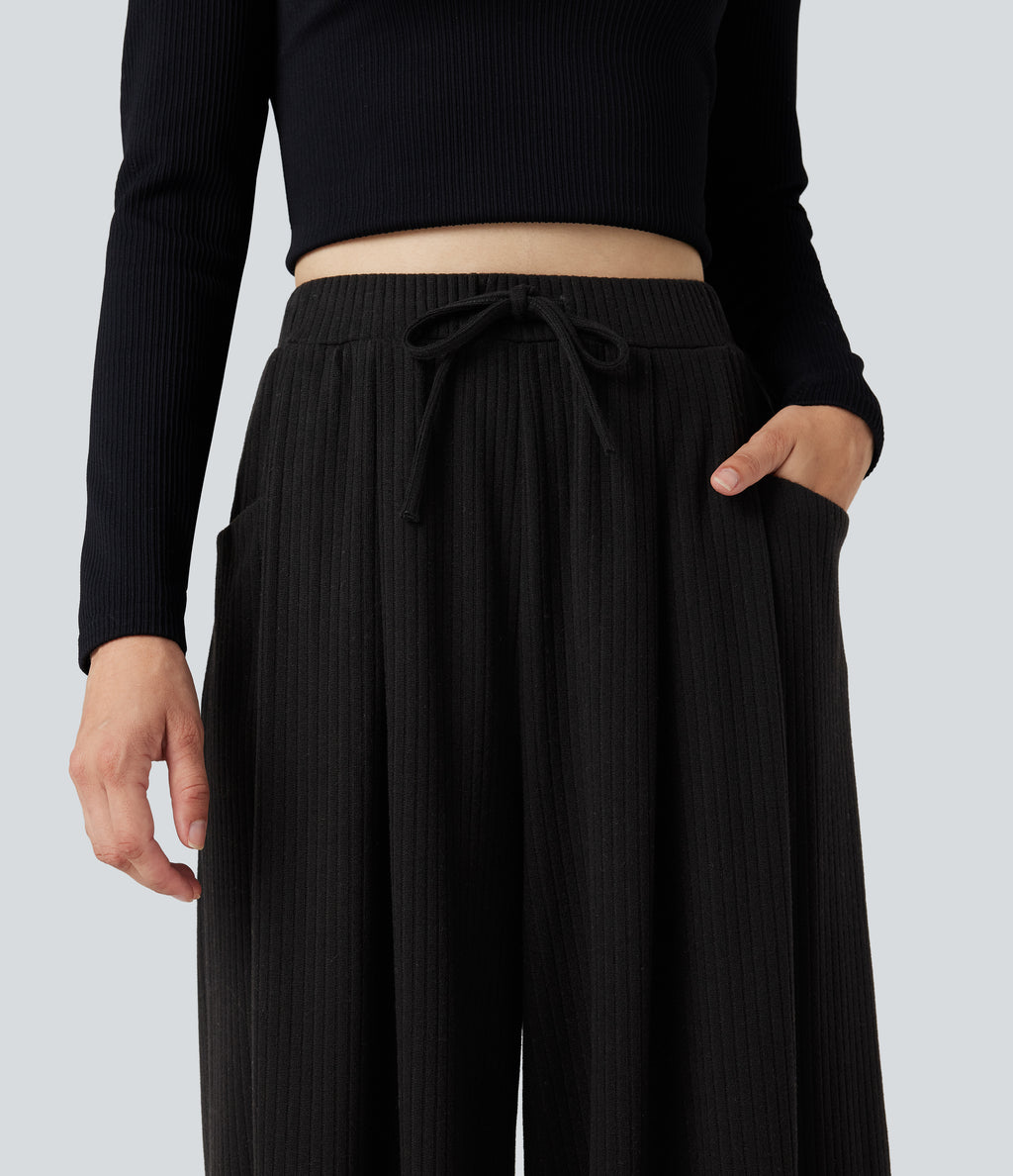 Ribbed Knit Adjustable Waist Drawstring Fleece Casual Baggy Trousers with Pockets — Black — view 4