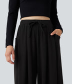 Ribbed Knit Adjustable Waist Drawstring Fleece Casual Baggy Trousers with Pockets — Black — view 4