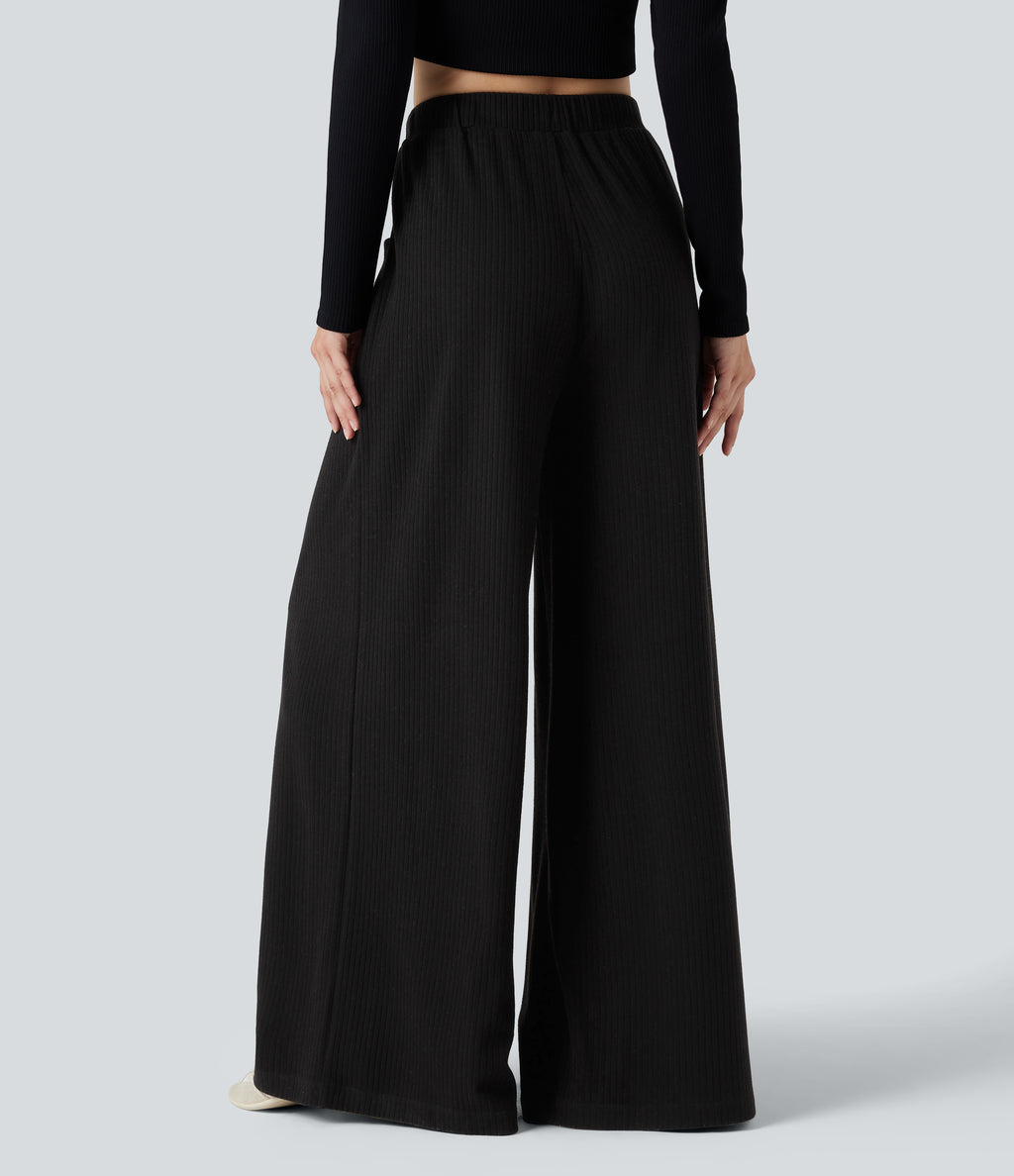 Ribbed Knit Adjustable Waist Drawstring Fleece Casual Baggy Trousers with Pockets — Black — view 2