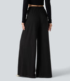Ribbed Knit Adjustable Waist Drawstring Fleece Casual Baggy Trousers with Pockets — Black — view 2
