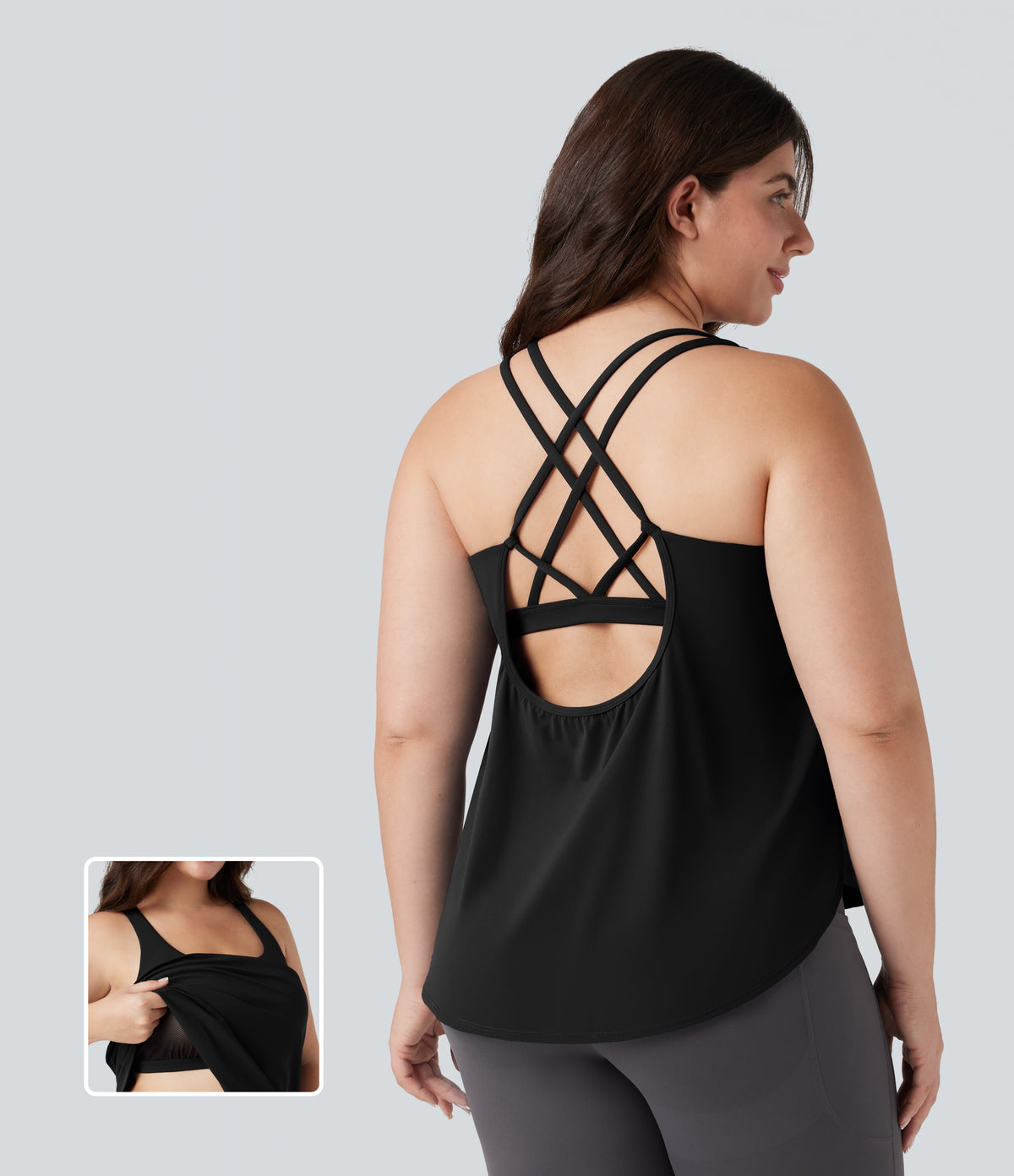Plus Size Round Neck Curved Hem Running Tank Top — Black — view 1