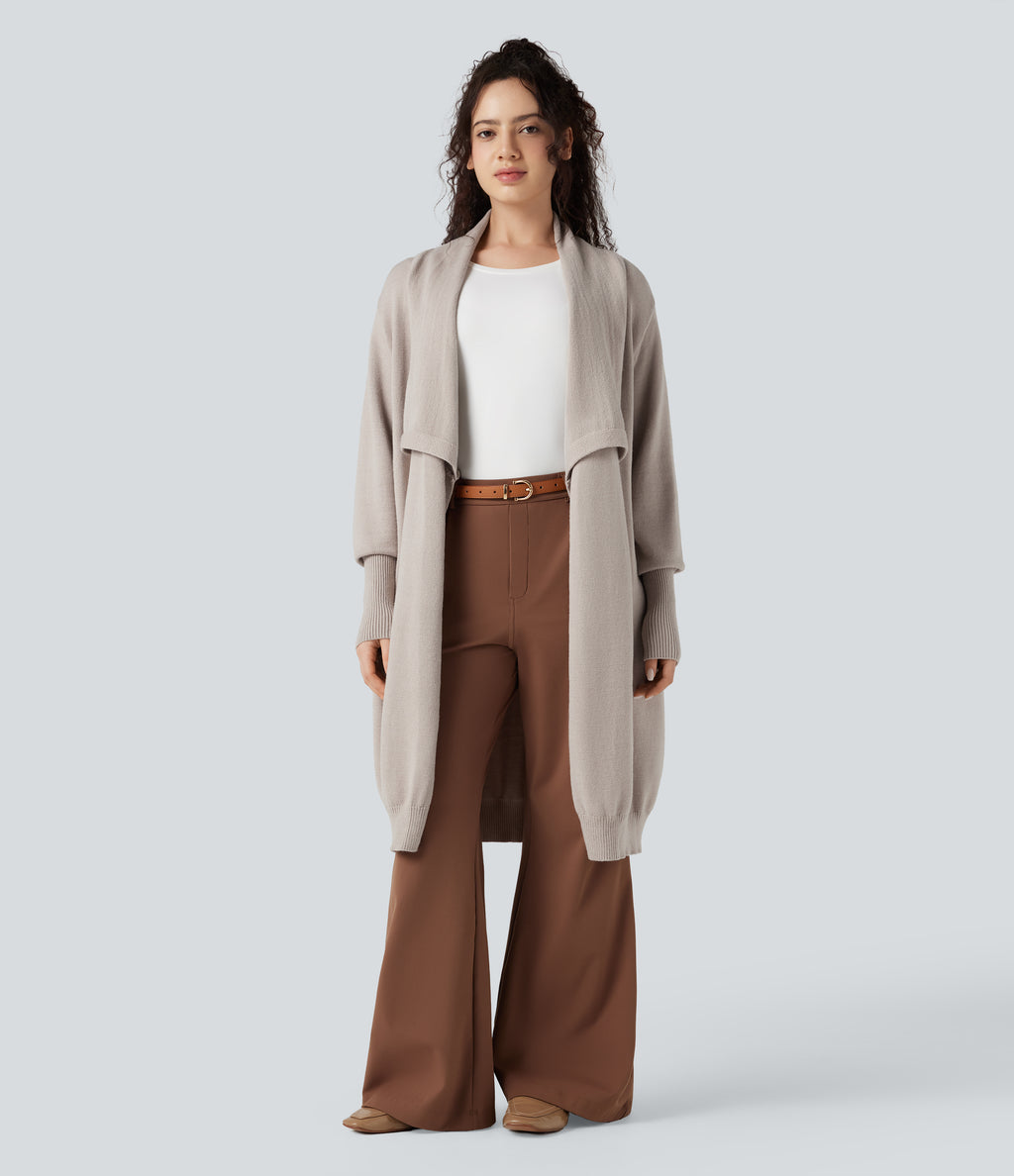 Lapel Long Sleeve Longline Work Cardigan with Pockets — Vintage Khaki — view 6