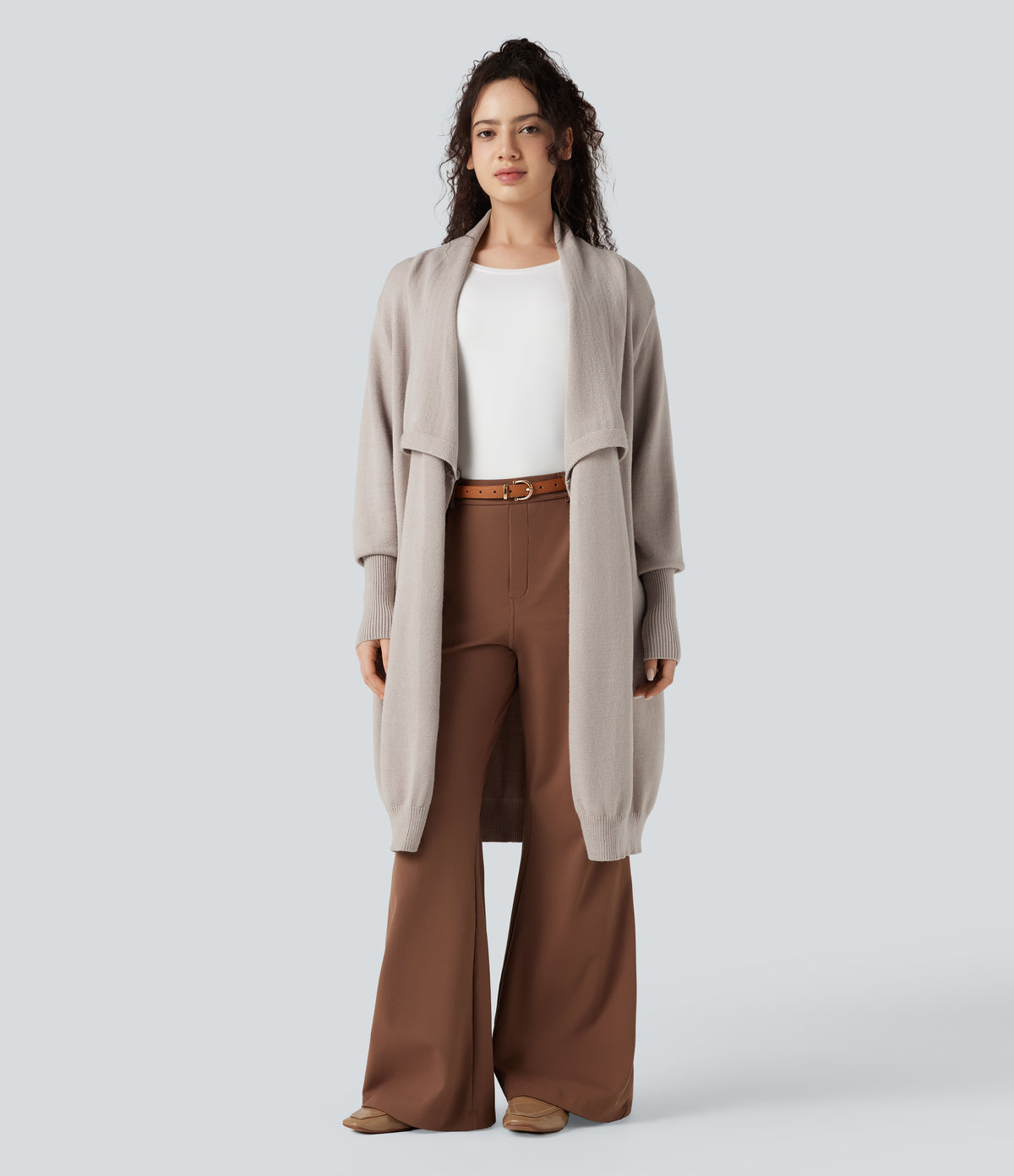 Lapel Long Sleeve Longline Work Cardigan with Pockets — Vintage Khaki — view 6