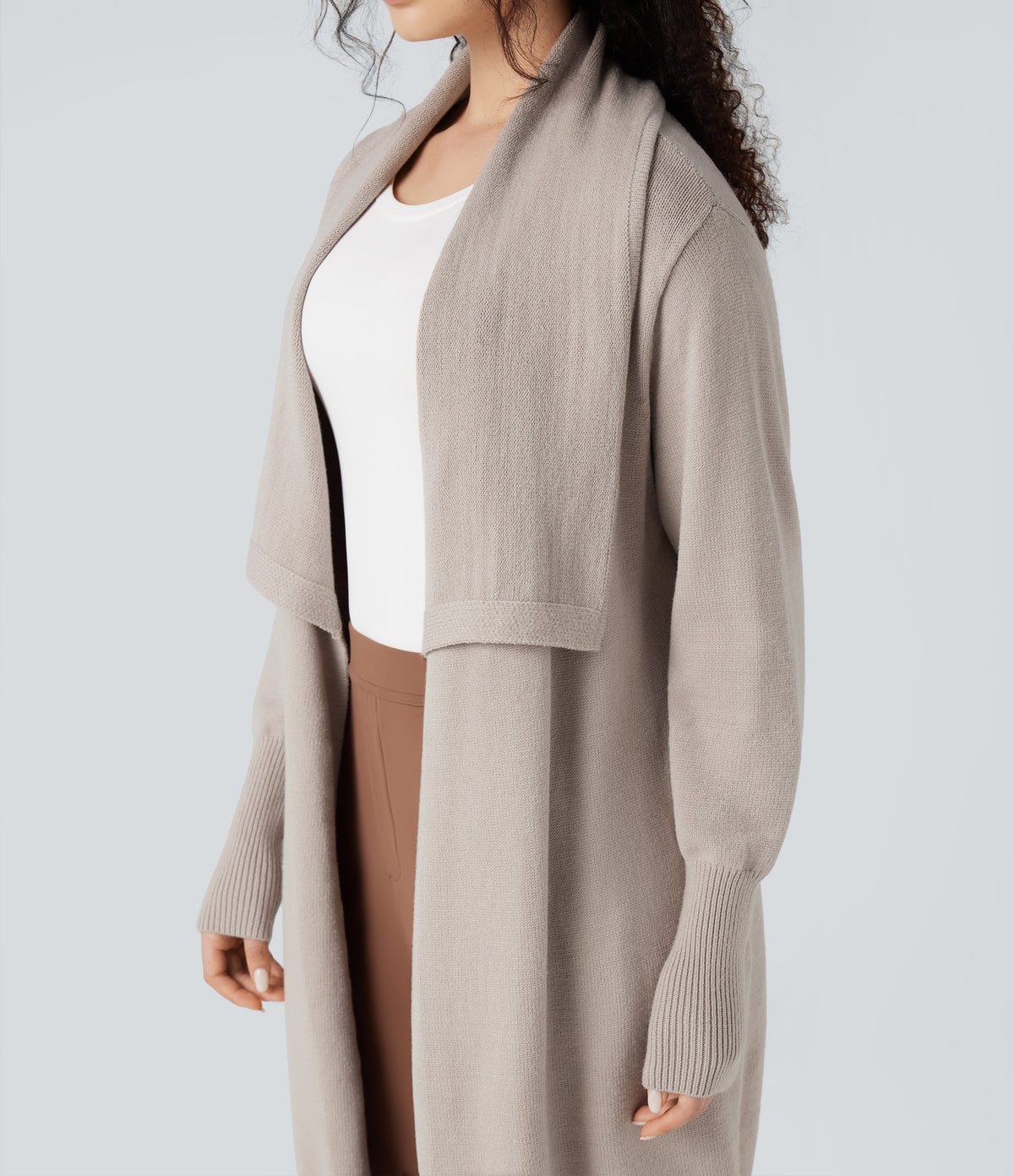 Lapel Long Sleeve Longline Work Cardigan with Pockets — Vintage Khaki — view 4