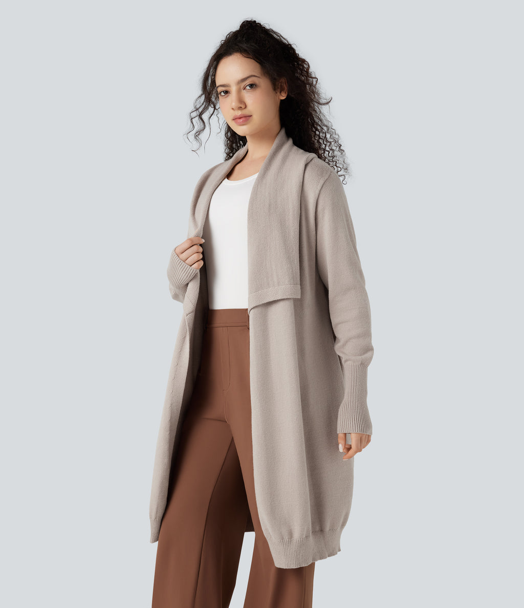 Lapel Long Sleeve Longline Work Cardigan with Pockets — Vintage Khaki — view 3