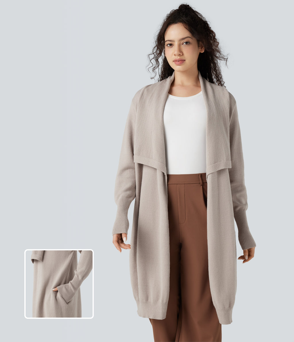 Lapel Long Sleeve Longline Work Cardigan with Pockets — Vintage Khaki — view 1