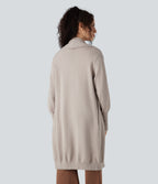 Lapel Long Sleeve Longline Work Cardigan with Pockets — Vintage Khaki — view 2