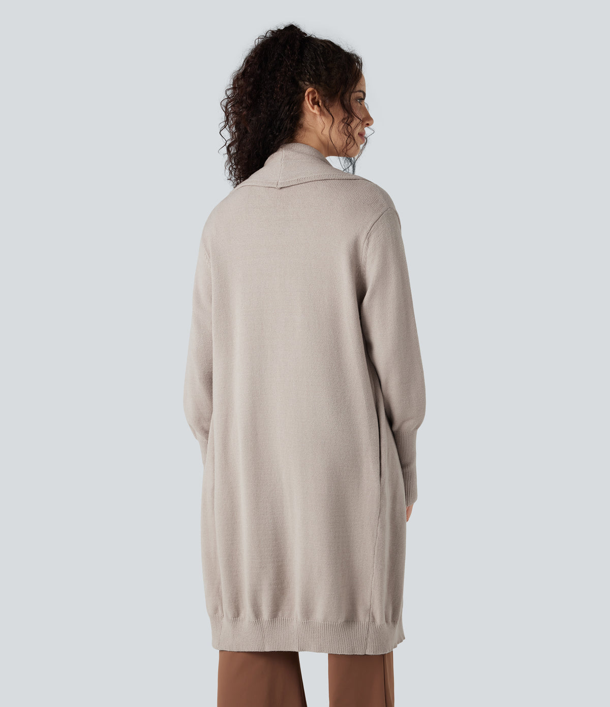 Lapel Long Sleeve Longline Work Cardigan with Pockets — Vintage Khaki — view 2