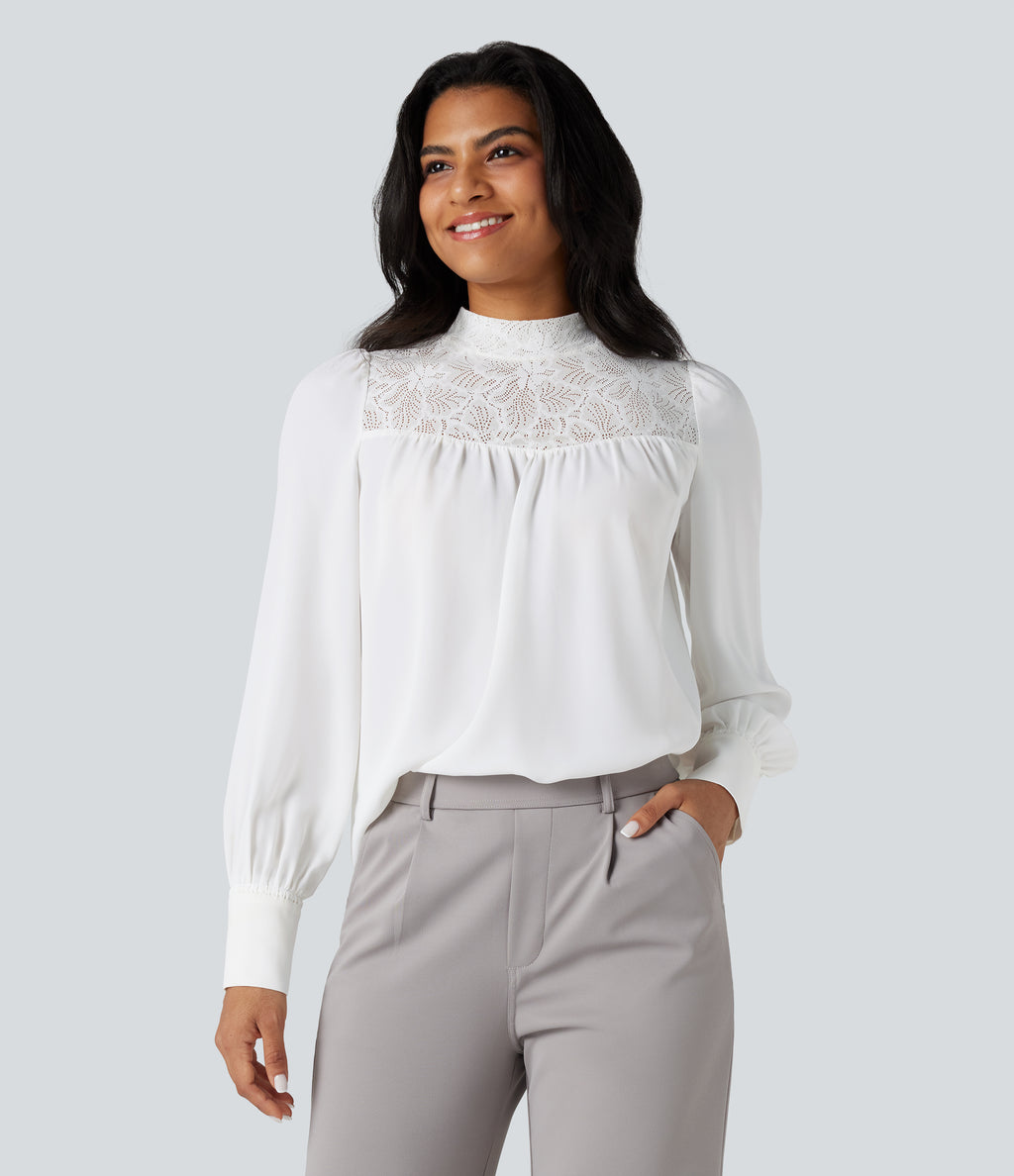 Mock Neck Long Sleeve Contrast Lace Work Shirt — White — view 3