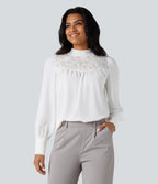 Mock Neck Long Sleeve Contrast Lace Work Shirt — White — view 3