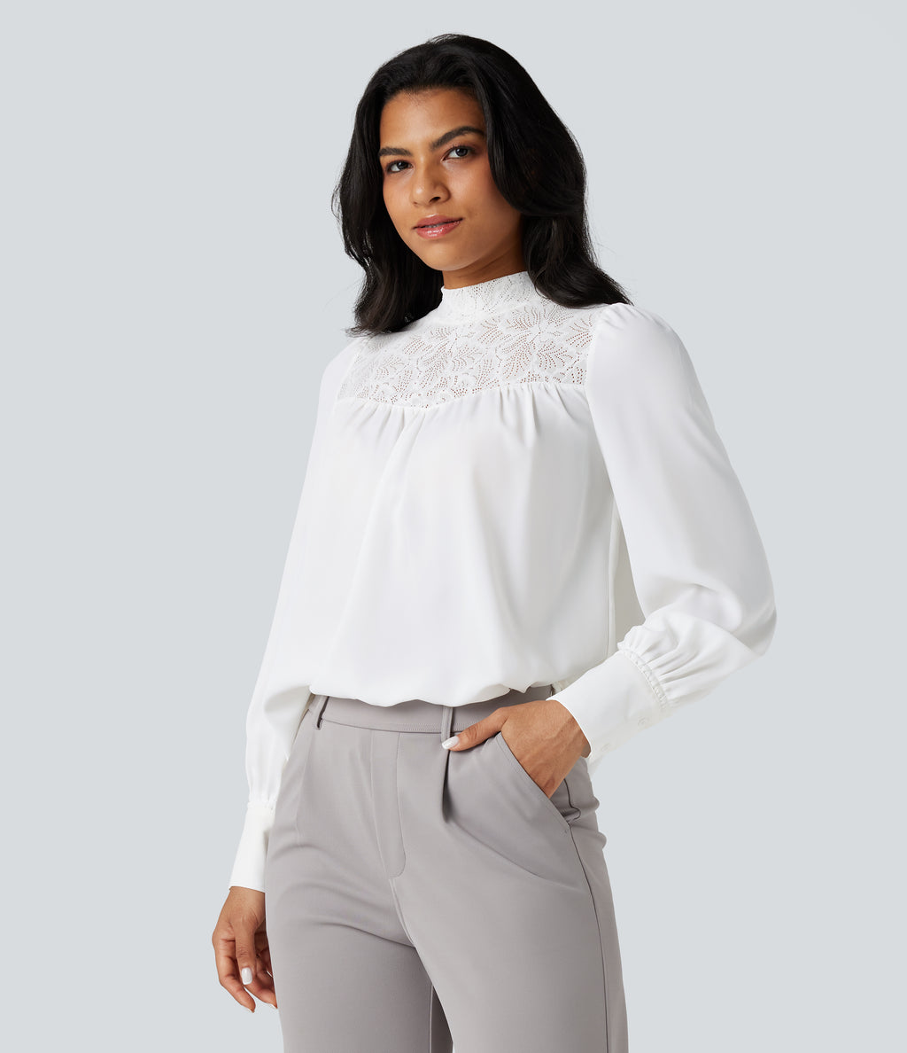 Mock Neck Long Sleeve Contrast Lace Work Shirt — White — view 1