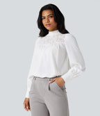 Mock Neck Long Sleeve Contrast Lace Work Shirt — White — view 1