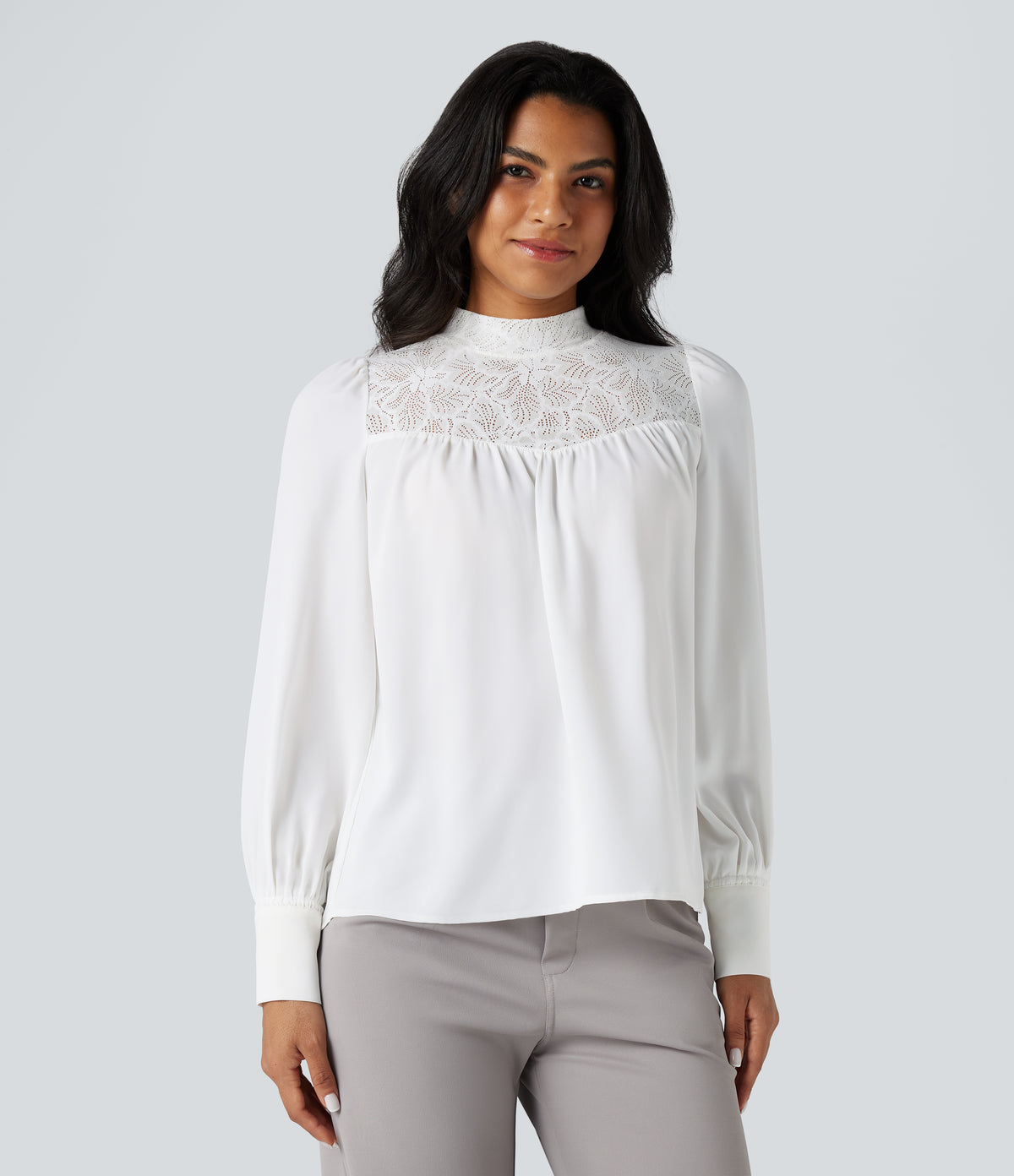 Mock Neck Long Sleeve Contrast Lace Work Shirt — White — view 7