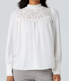 Mock Neck Long Sleeve Contrast Lace Work Shirt — White — view 4