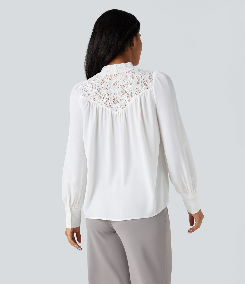 Mock Neck Long Sleeve Contrast Lace Work Shirt — White — view 2