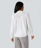 Mock Neck Long Sleeve Contrast Lace Work Shirt — White — view 2