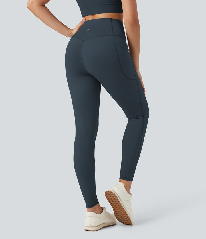 Heat High Waisted Tummy Control Fleece Yoga Leggings with Pockets — Blueberry — view 2