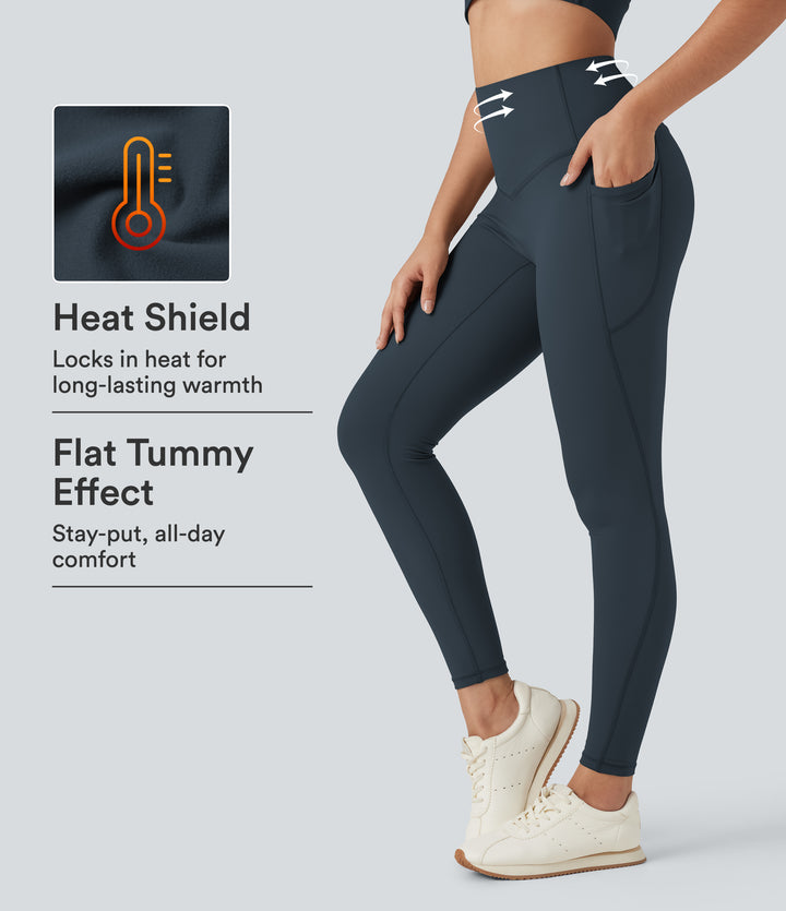 Heat High Waisted Tummy Control Fleece Yoga Leggings with Pockets — Blueberry — view 1