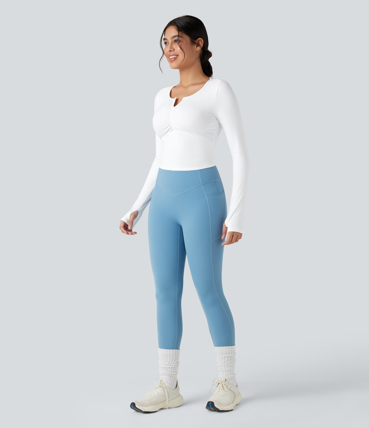 Plush Long Sleeve Thumb Hole Yoga Sports Tops — White — view 7