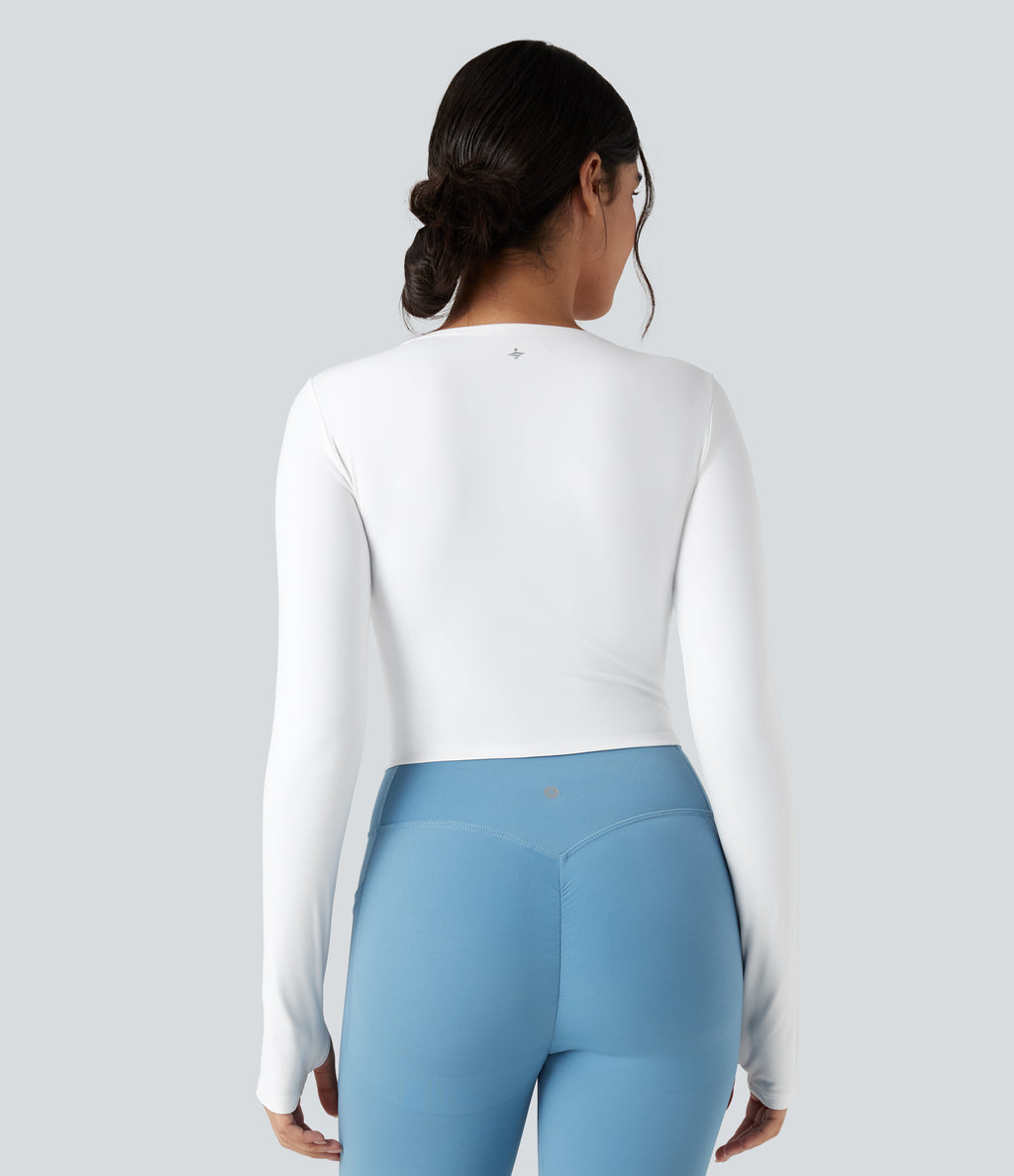 Plush Long Sleeve Thumb Hole Yoga Sports Tops — White — view 2