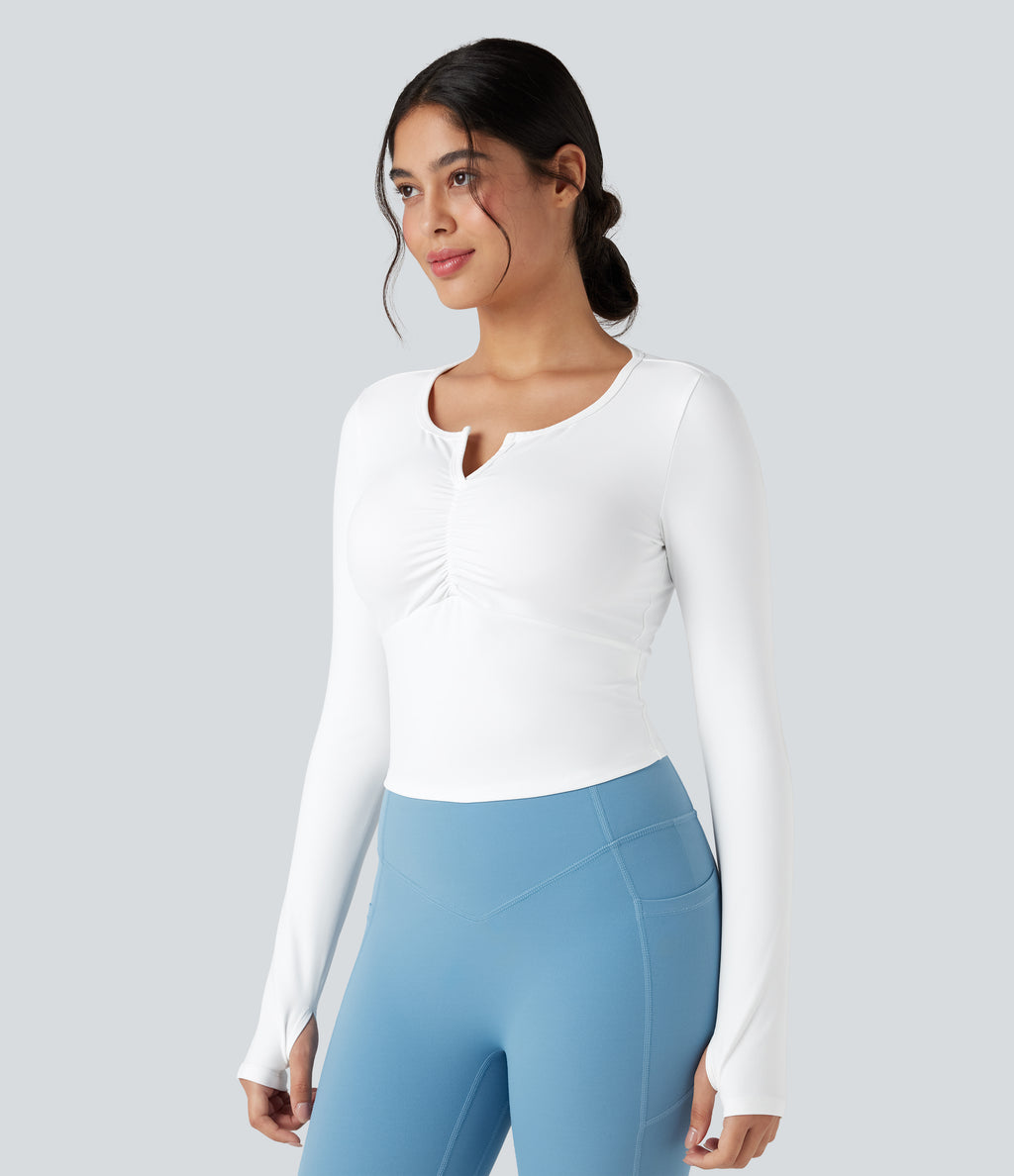 Plush Long Sleeve Thumb Hole Yoga Sports Tops — White — view 3