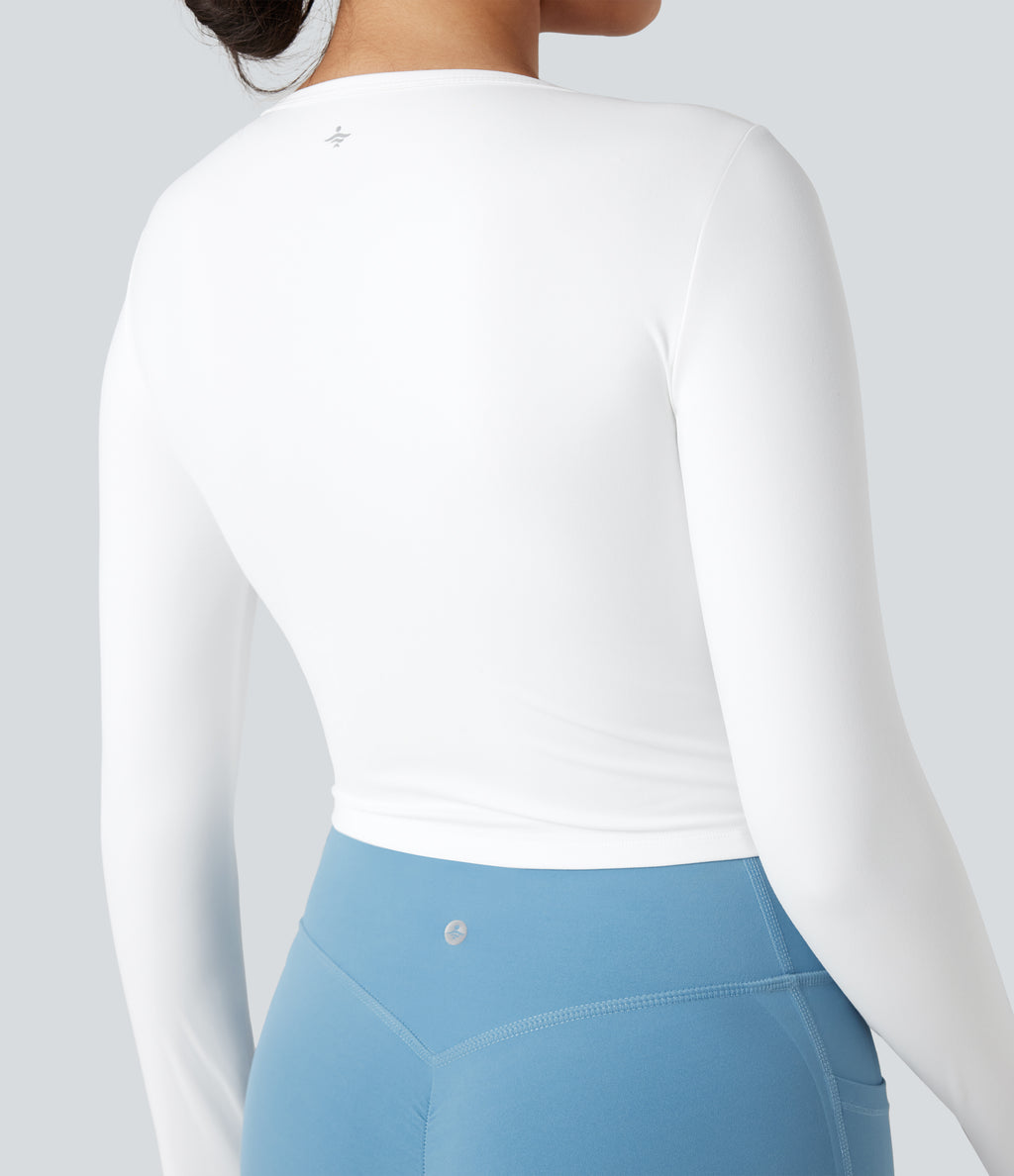 Plush Long Sleeve Thumb Hole Yoga Sports Tops — White — view 5