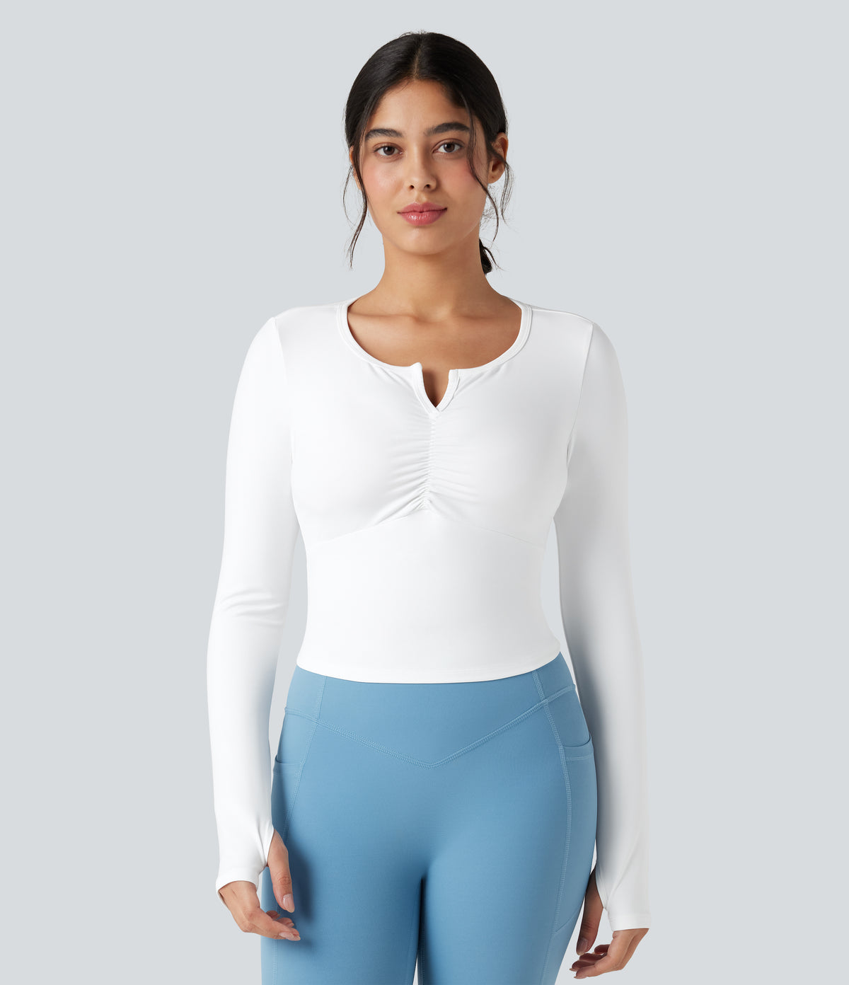 Plush Long Sleeve Thumb Hole Yoga Sports Tops — White — view 1