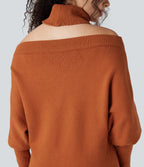 Off Shoulder High-neck Batwing Long Sleeve Casual Jumper — Rust — view 1