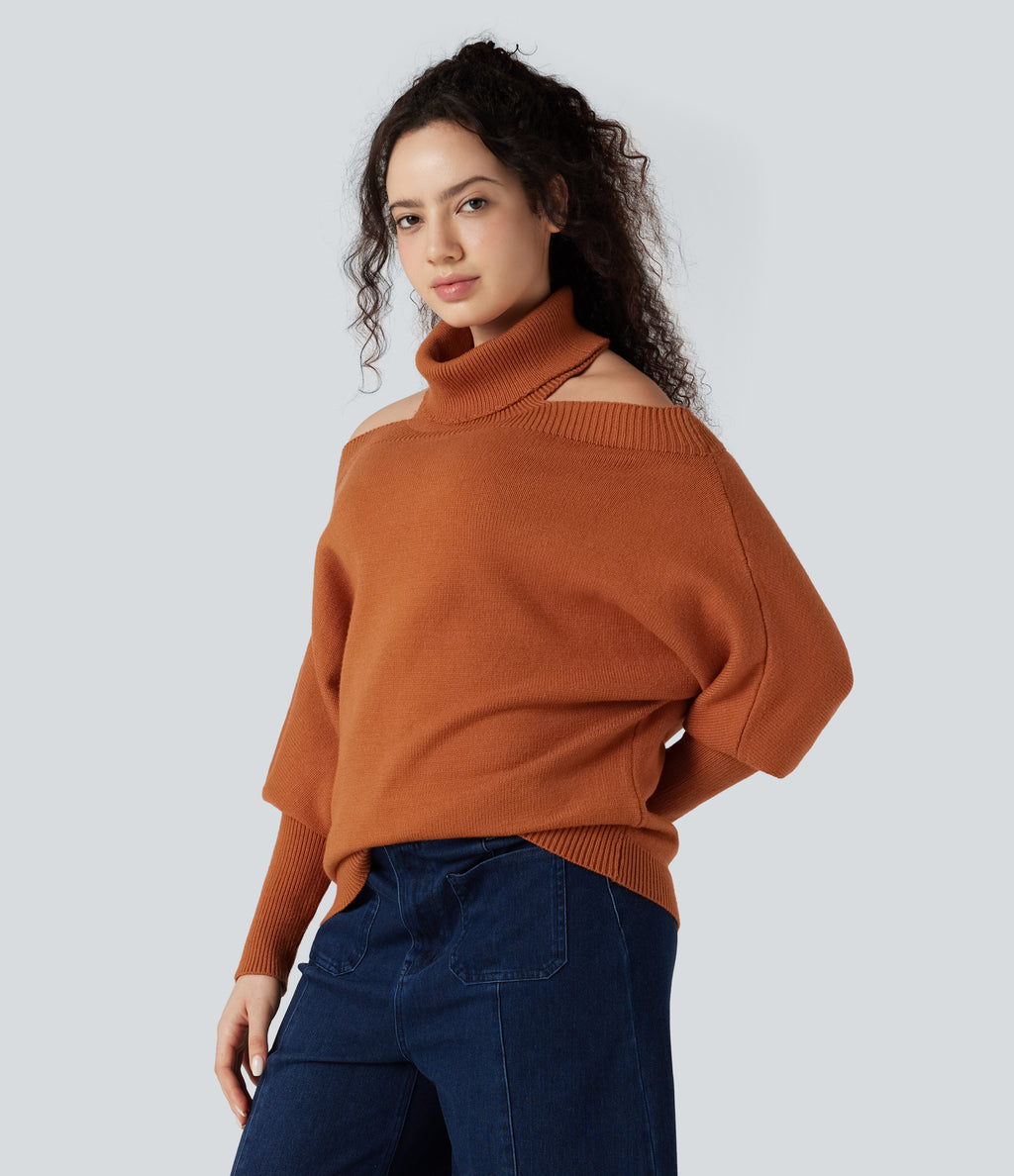 Off Shoulder High-neck Batwing Long Sleeve Casual Jumper — Rust — view 4