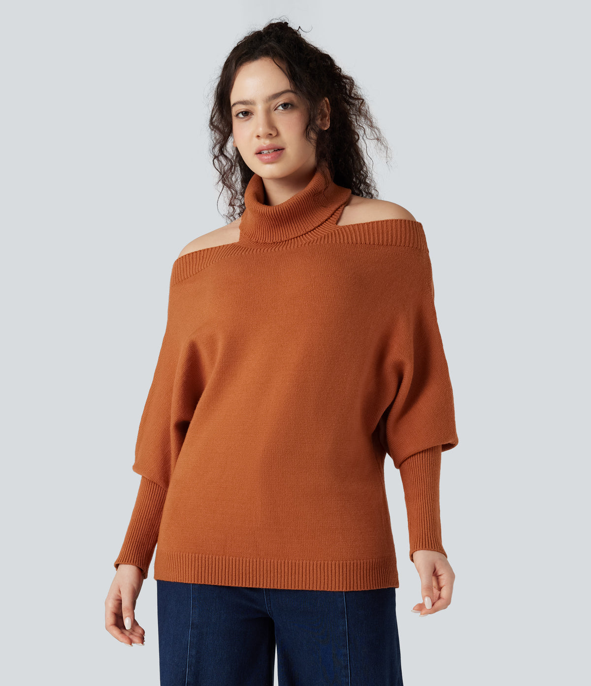 Off Shoulder High-neck Batwing Long Sleeve Casual Jumper — Rust — view 5
