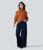 Off Shoulder High-neck Batwing Long Sleeve Casual Jumper — Rust — view 7
