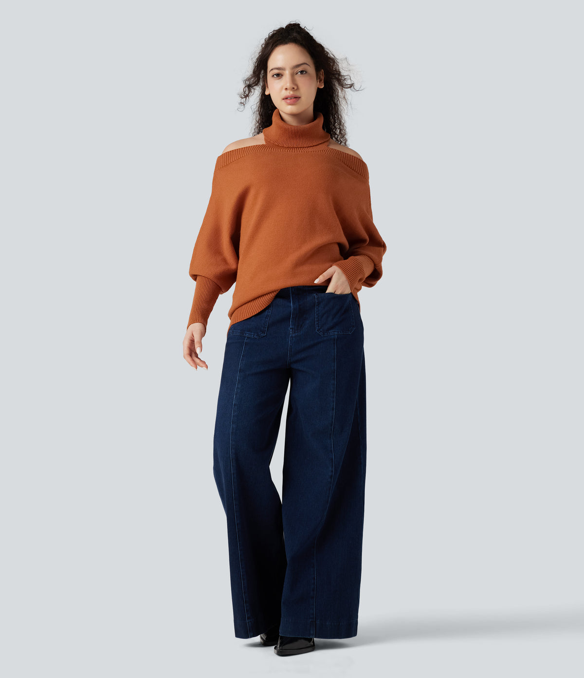 Off Shoulder High-neck Batwing Long Sleeve Casual Jumper — Rust — view 7