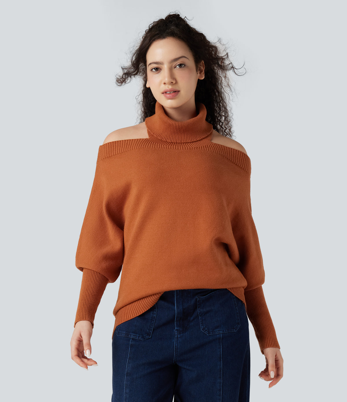 Off Shoulder High-neck Batwing Long Sleeve Casual Jumper — Rust — view 2