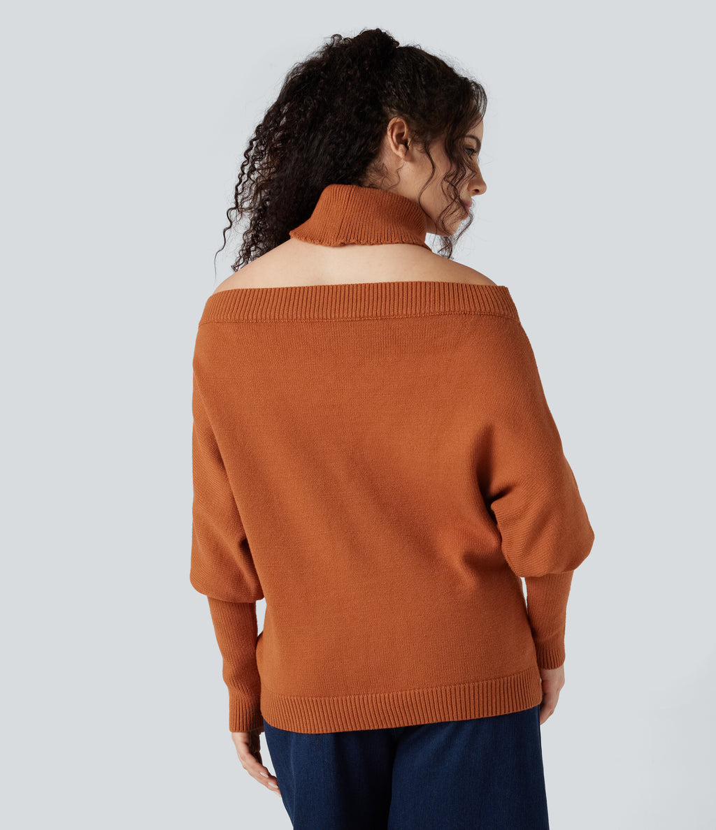 Off Shoulder High-neck Batwing Long Sleeve Casual Jumper — Rust — view 3
