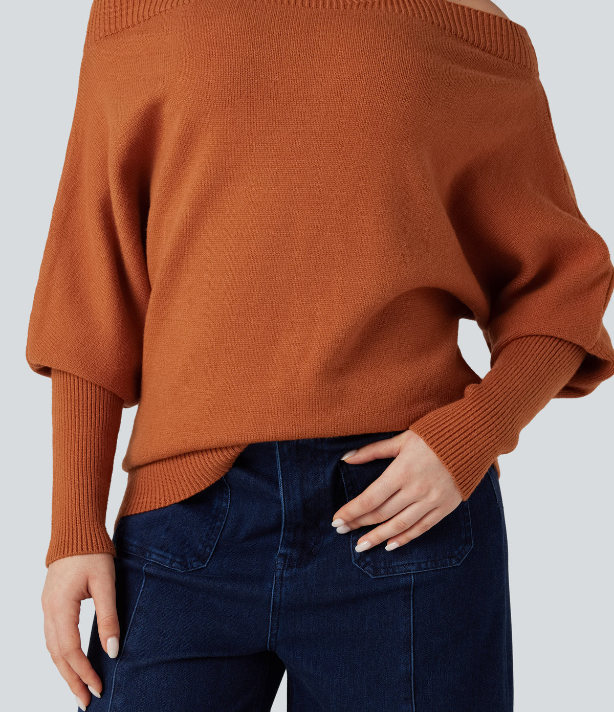 Off Shoulder High-neck Batwing Long Sleeve Casual Jumper — Rust — view 6